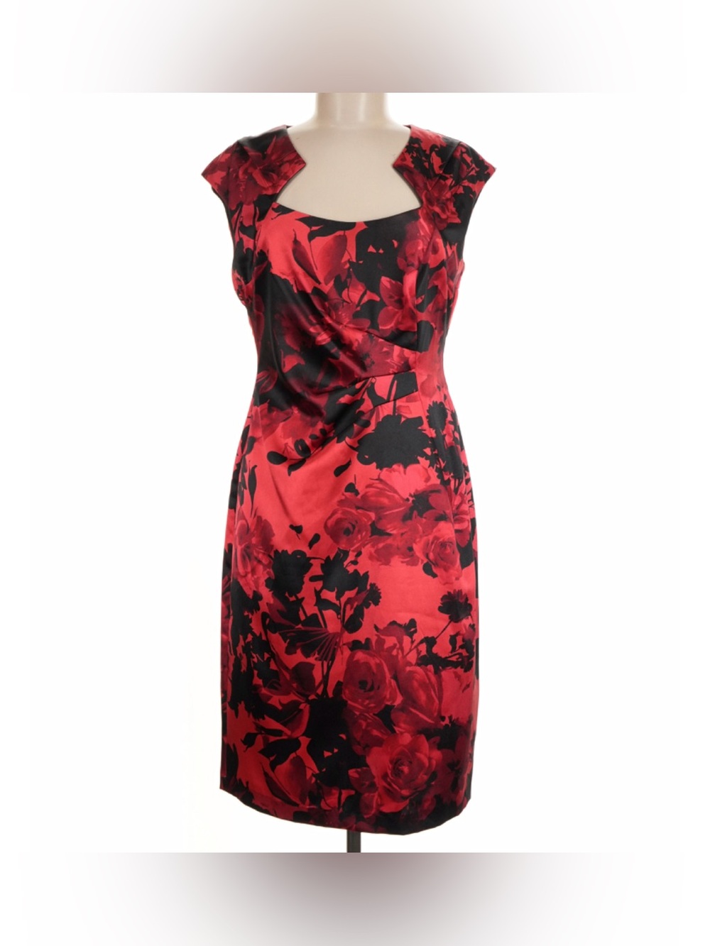 Connected apparel Red and Black Floral Cap-Sleeve Sheath Cocktail Dress 14